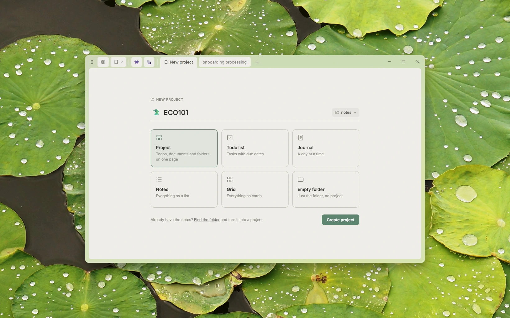 The new project screen