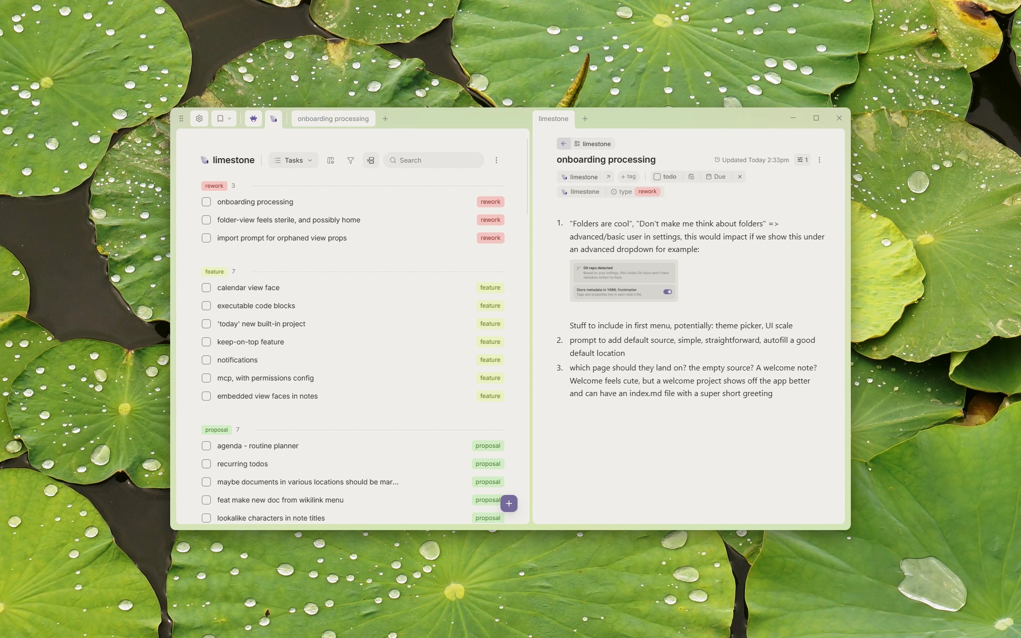 Two Limestone windows side by side: a project's task list and one of its documents