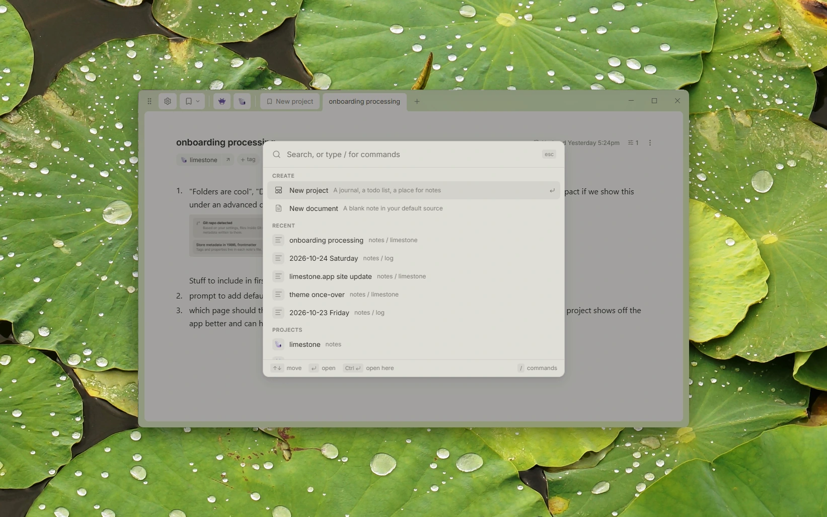 Quick search open over a document, listing recent notes and projects